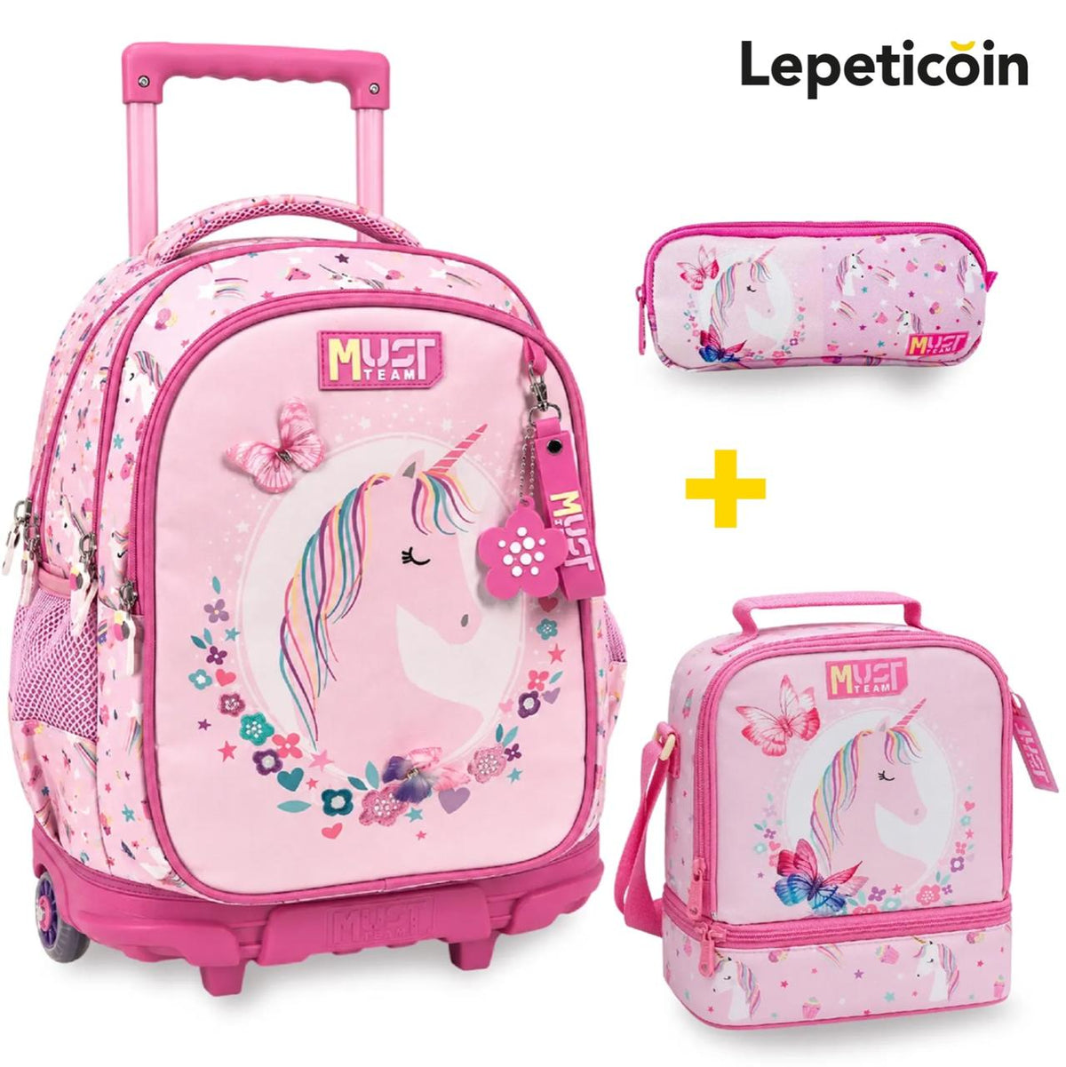 PACK Cartable a roulettes + Sac a repas + Trousse PINK UNICORN