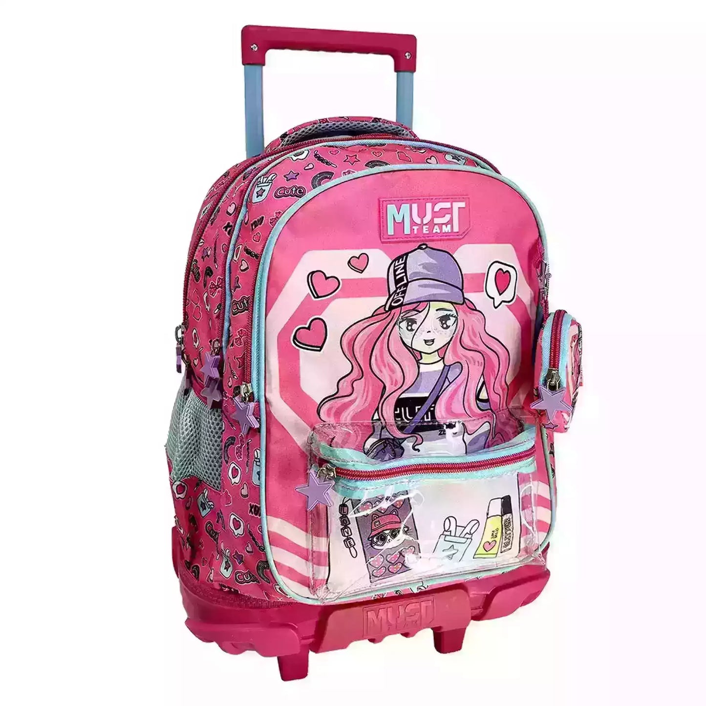 PACK Cartable à roulettes + Sac a repas + Trousse  - PINK HEARTS