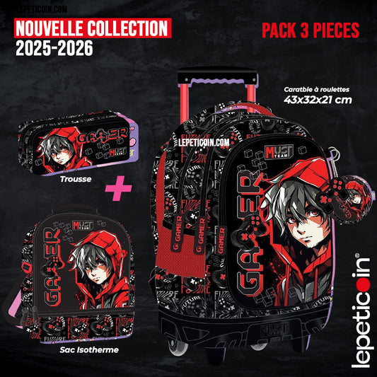 PACK Cartable à roulettes + Sac a repas + Trousse - GAMER