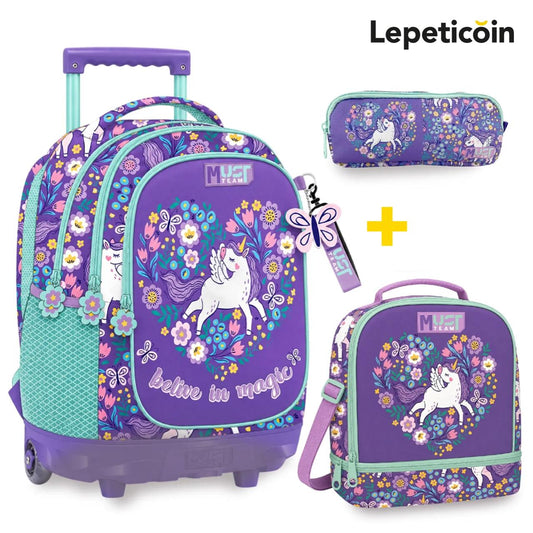 PACK Cartable a roulettes  + Sac a repas + Trousse PURPLE UNICORN