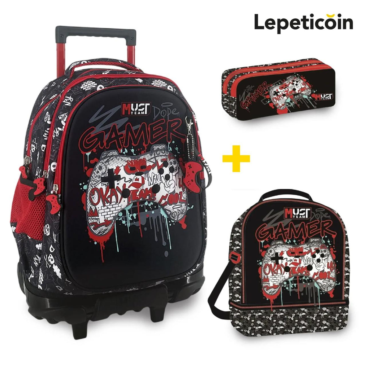 PACK Cartable a roulettes + Sac a repas + Trousse GAMER