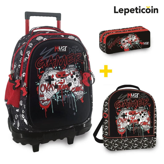 PACK Cartable a roulettes + Sac a repas + Trousse GAMER